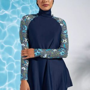 مایو اسللامی کامل پوشیده بورکینی مدل مکس خارجی سرمه ای نمای کامل